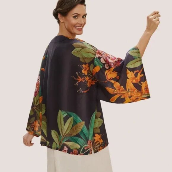 Powder Tropical Floral Kimono Jacket Artsy Boho Tiger Botany Bliss OS B43 - Picture 3 of 15